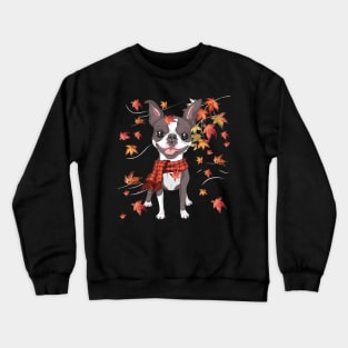 Maple Dog Leaf Fall Hello Autumn Funny Boston Terrier Lover Crewneck Sweatshirt